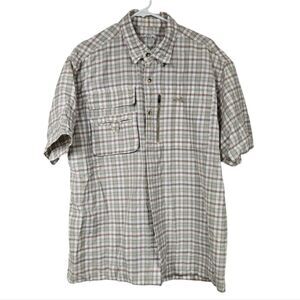 Natural Gear Fishing Shirt Men’s Large Vented Zip Pocket Short Sleeve Tan Plaid
